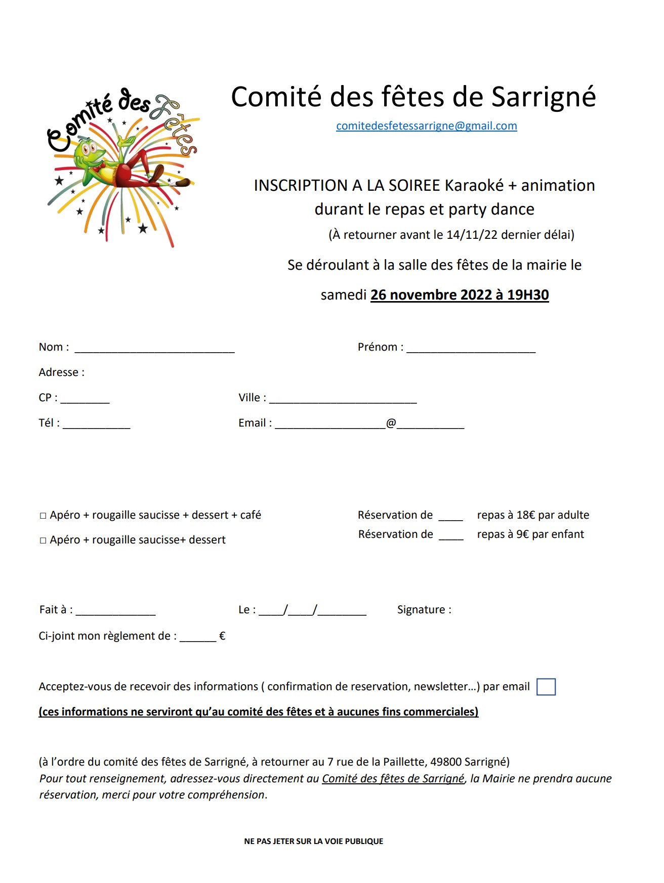 formulaire inscription soirée